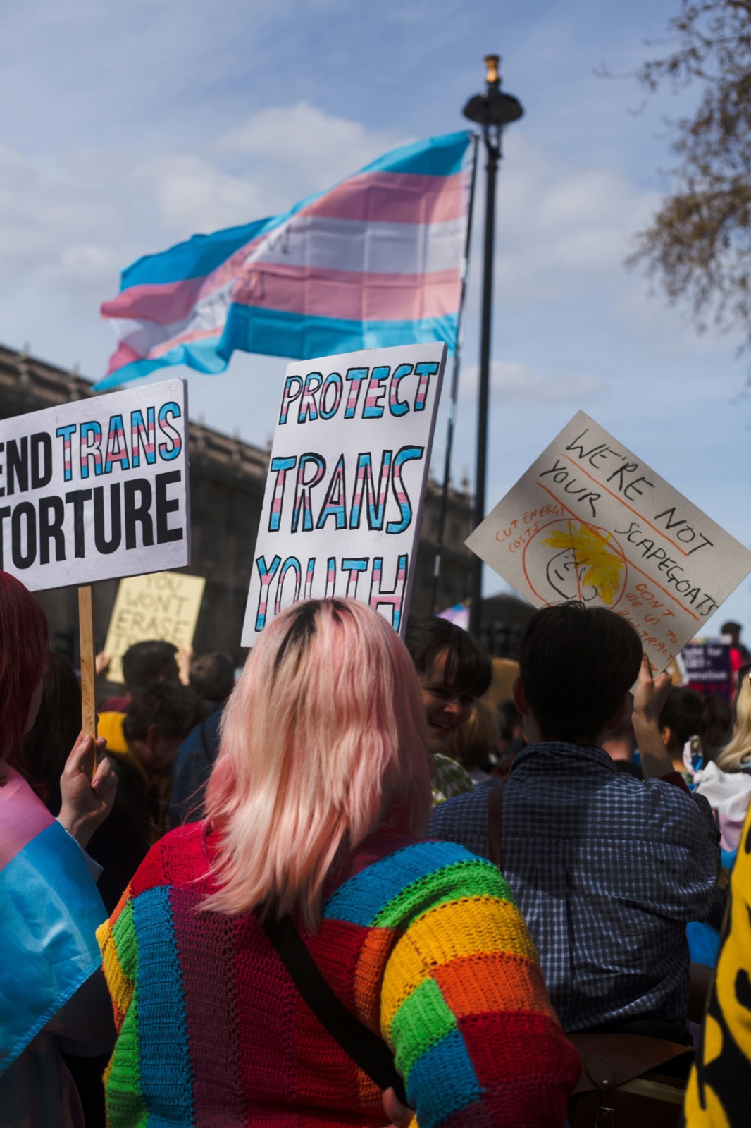 Protesters at a trans rights march holding signs that read Protect Trans Youth and End Trans Torture, under a trans pride flag